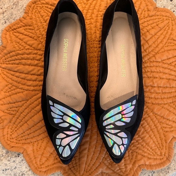 Sophia Webster Black Butterfly Flats Loafers Size 37 (6.5) Iridescent - Picture 1 of 8